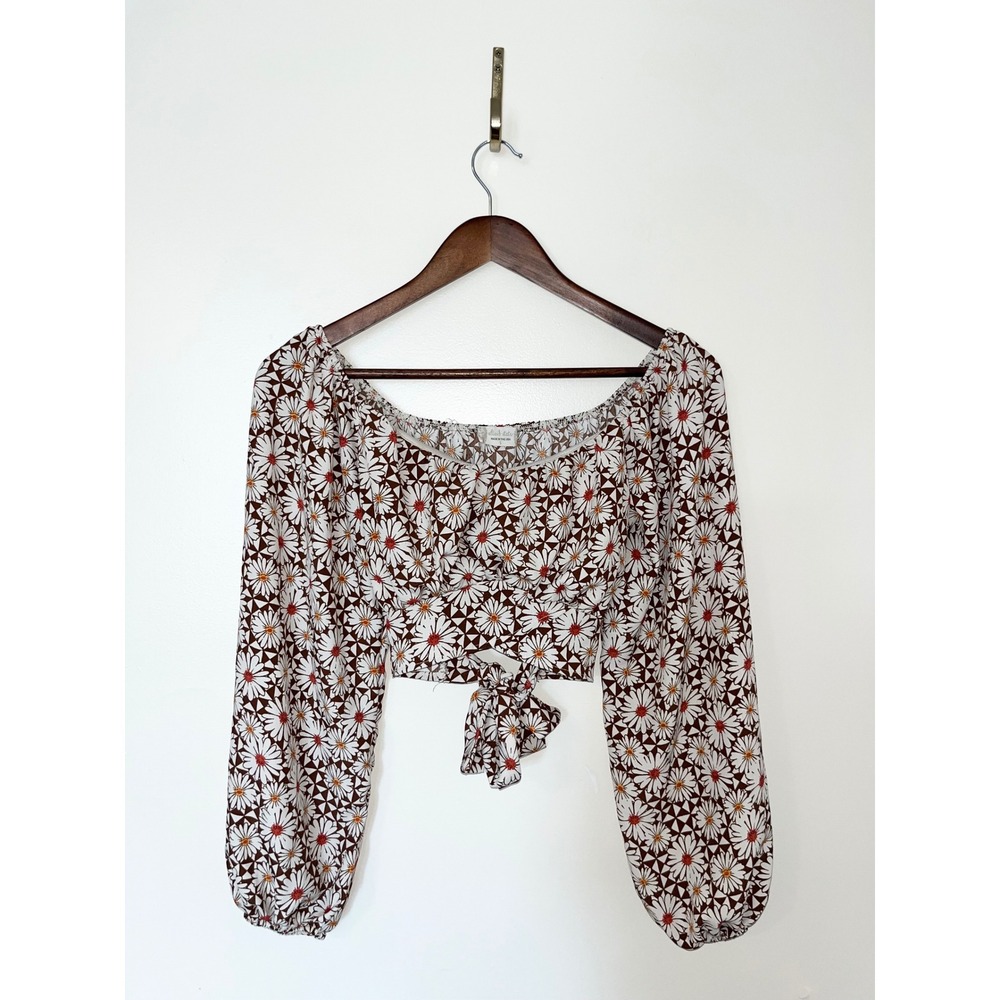 Altar'd State Brown White Daisy Floral Tie Front Crop Top Bishop Sleeve | Small‎